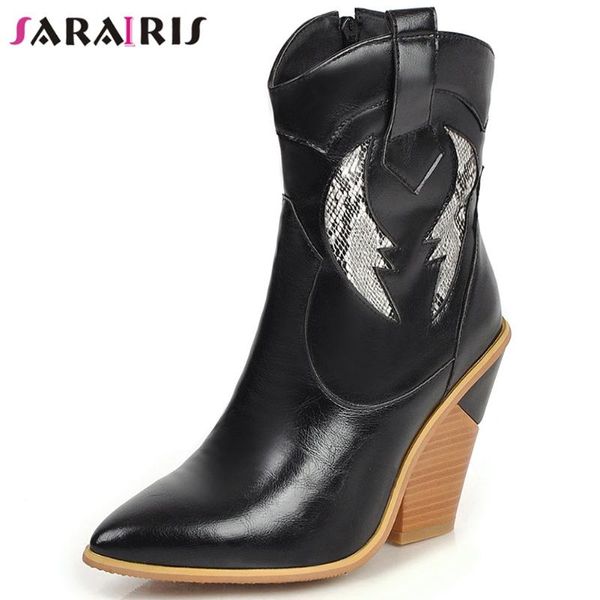 

sarairisnew brand female high heels pointed toe boots casaul office autumn winter boots women western shoes woman, Black