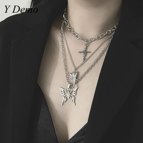 

y demo harajuku grunge casual three layers buterfly necklace women elegant chain pendant necklaces, Silver