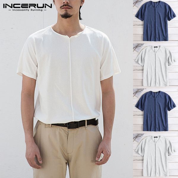 

incerun лето повседневная базовая футболка мужчины с коротким рукавом v шеи твердые мода свободные топы старинные марка футболка camisetas h, White;black