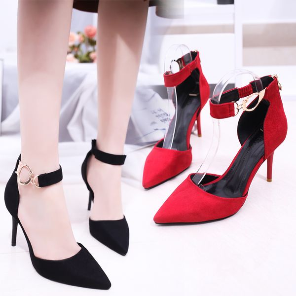 

spring 2020 new word buckle pointed high heels female fine with wild black sandals strap shoes summer women's sandals s92