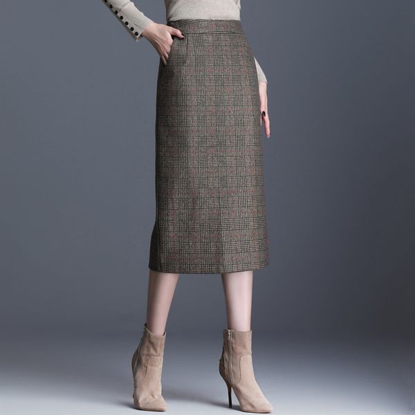 

woolen skirt autumn and winter women's 2019 new style high-waisted slit one-step skirt mid-length slim fit long, Black