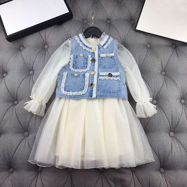 

european and american parent-child outfit 2020 spring and summer new styles fashion pearl vest net yarn girl's dress two-piece, Blue