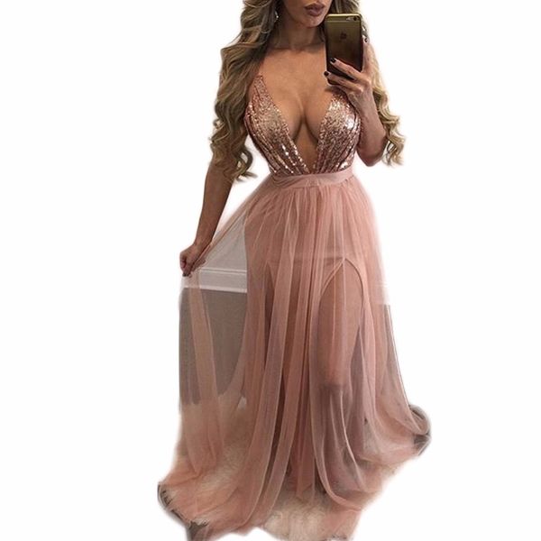 

fashion party maxi dress sling evening deep v-neck backless sequin patchwork elegant strap dresses #272486, Black;gray