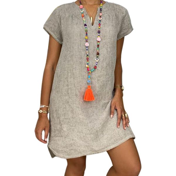 

party casual lightweight flax soft women dress loose shopping v neck beach short sleeve summer daily solid color, Black;gray