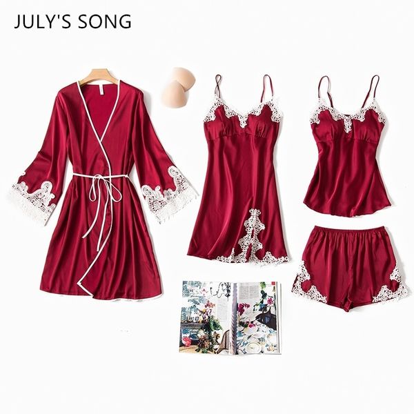 

july's syjjf 4 pieces women pajamas sets lady elegant lace simple faux silk sleepwear sets spring summer autumn home wear, Black;red