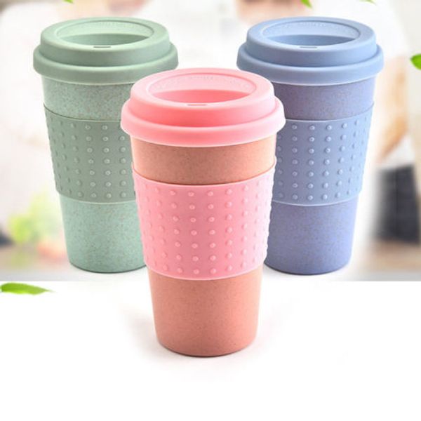 

300ml nature wheat straw coffee cup travel mug leak proof with lid solid color wheat straw mugs cover band water bottle