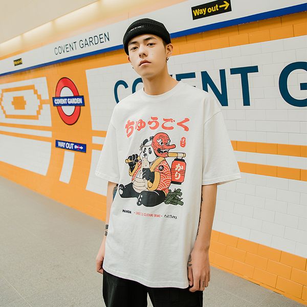 

brand japanese streetwear t shirt men hip hop funny fat panda samurai t-shirt summer short sleeve tshirt harajuku cotton tees, White;black