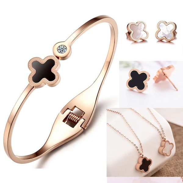 

luxury jewelry designer jewelry sets for women rose gold color clover earings necklace titanium steel sets fasion, Black