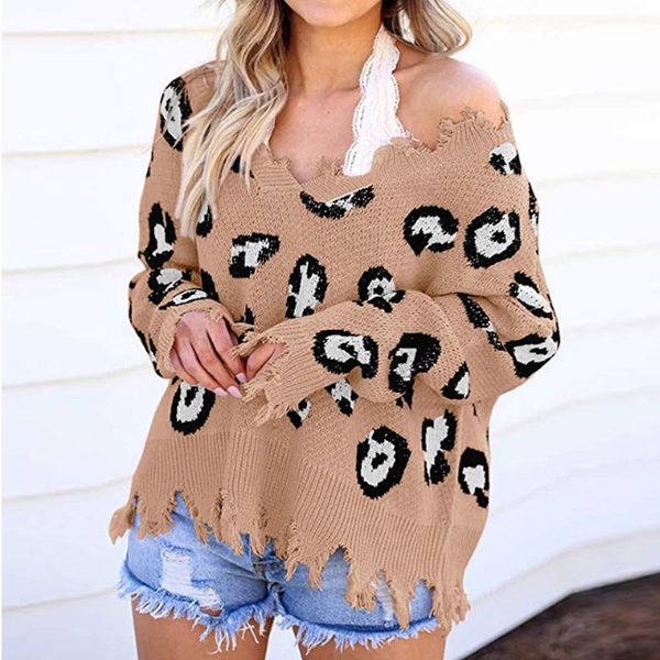 

v neck distressed knit pullover jumper winter autumn women leopard print ripped long sleeves sweater mujer, White;black