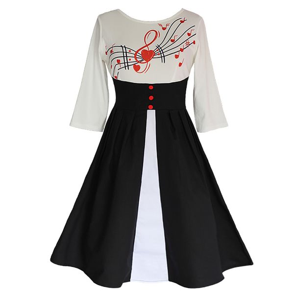 

лоскутное свободное платье женская мода плюс размер платья с принтом три четверти высокой талией о-образным вырезом свободное платье женщины, Black;gray