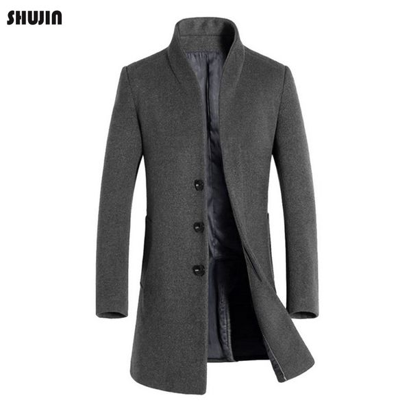 

shujin 2019 fashion men casual solid color single breasted long trench standing collar slim fit coat males spring autumn, Tan;black