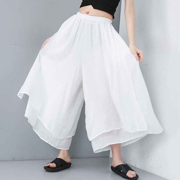 

yalee] new fashion 2019 summer elastic waist trousers pockets double layer splicing thin large size wide leg pants women u812, Black;white