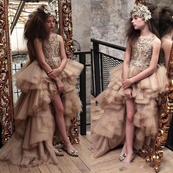 

2020 hi-lo tulle layers girls pageant dress lace appliques jewel neck short flower girl dresses kids formal gowns, White;blue