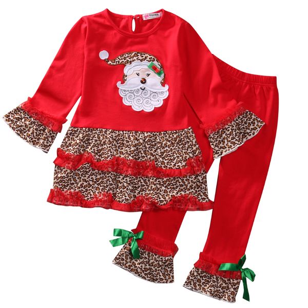 

christmas baby girl leopard floral ruffle t shirts wid leg pants outfit set 2-7t, White
