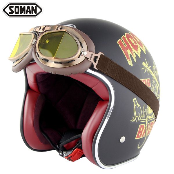 

scooter helmet 3/4 open face motorcycle chopper helmet retro goggle capacetes vintage casco moto leather motorbike sm512