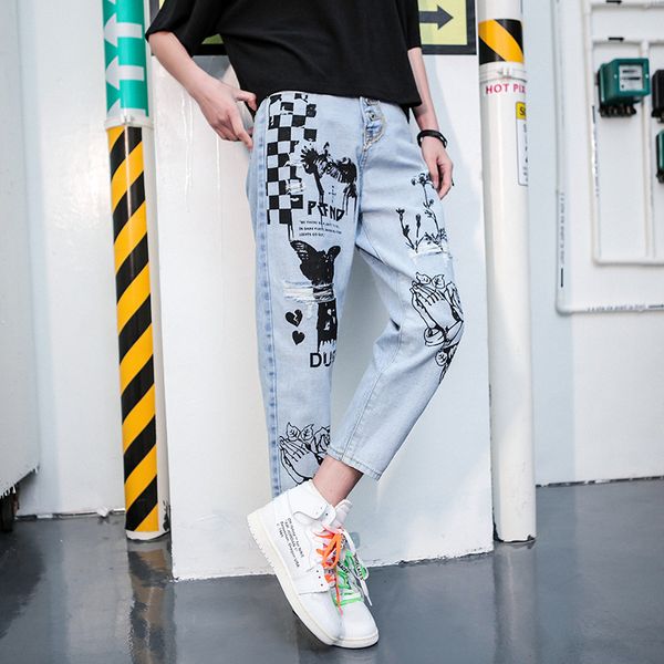 

jeans women's 2019 spring new style street hip hop high-waisted loose-fit harem printing ninth pants, Blue