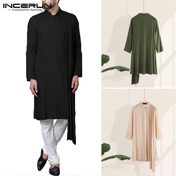 

incerun clothes men kurtas long shirt long sleeve solid 2020 stand collar retro irregular shirts men muslim kaftan s-5xl, White;black