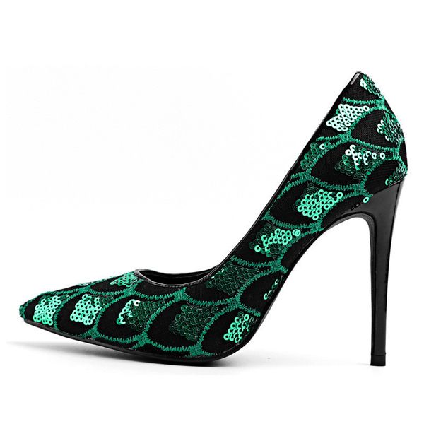 2019 Outono Sapatos Mulheres Verde Bling Sequins Magro Rasas 10 cm Gladiador Salto Ponta Do Dedo Do Pé Plus Size Mulheres Bombas
