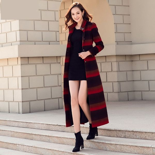 

long wool check coat winter coat women new classic slim woolen leisure fashion single-breasted warm female trend, Black