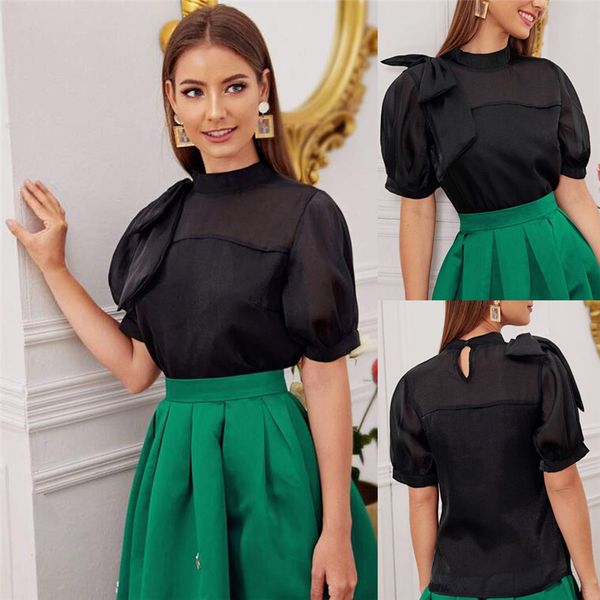 

fashion women shoulder perspective short sleeve casual loose ladies office work bow blouse, White
