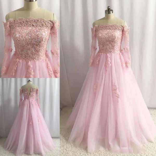 

fashion pink long prom dresses 2020 lace appliques strapless offer the shoulder long sleeve zipper back party dresses, White;black