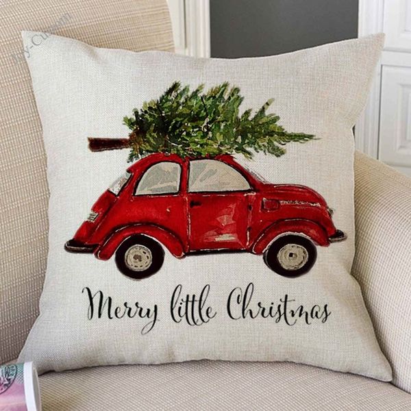 

watercolor art red car carrying christmas tree gift christmas decoration sofa throw pillow case cotton linen xmas cushion cover