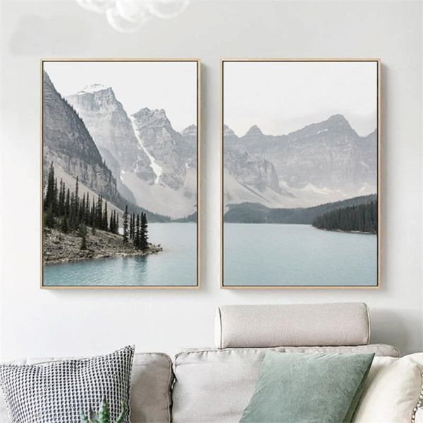 

2pcs nordic пейзаж горное озеро холст картины домашнее украшение гостиной wall art pictures природу плакаты и печать