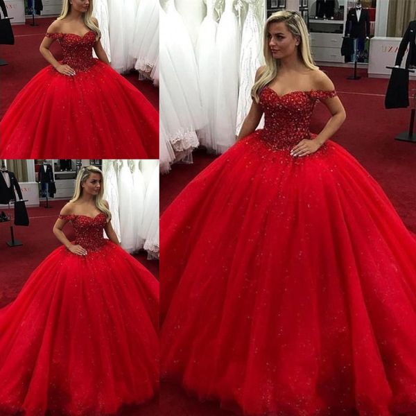 

Красное бальное платье 2019 Quinceanera Пром платья с бусинками на плечах Кристаллы зашн