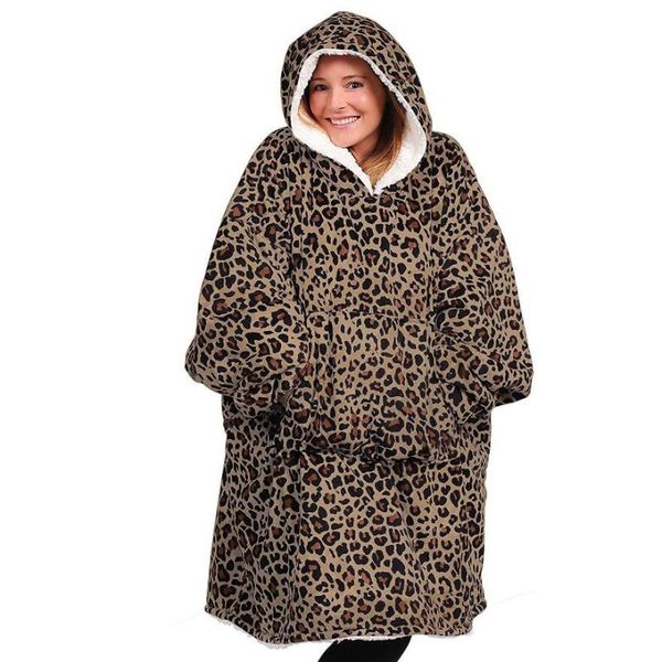 

leopard fleece sherpa blanket with sleeves super huge warm outdoor pocket hoodie winter hooded tv blankets sweatshirt