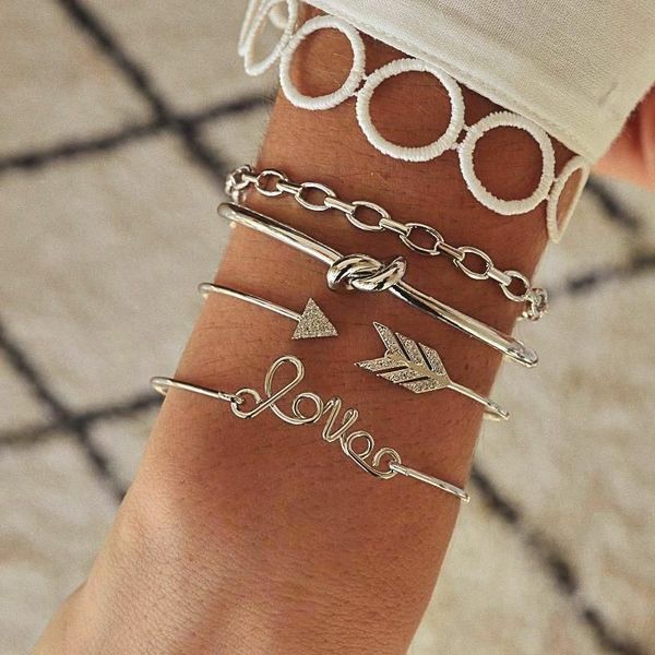 

alyxuy 4pcs/set 2020 bohemian love arrow knot silver color bracelet set for women open vintage bracelets bangles jewelry gifts, Black