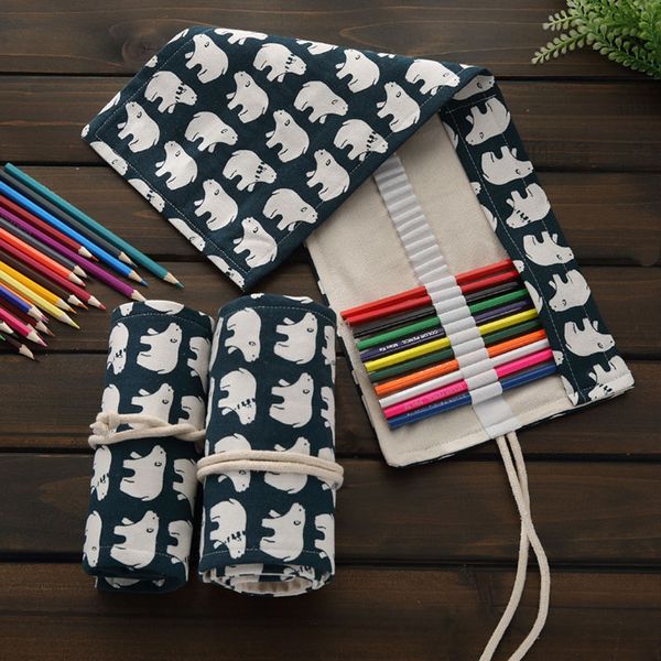 

new creative 36/48/72 holes cartoon animal canvas pencil bag sketch student art supplies storage stationery pencil case gift