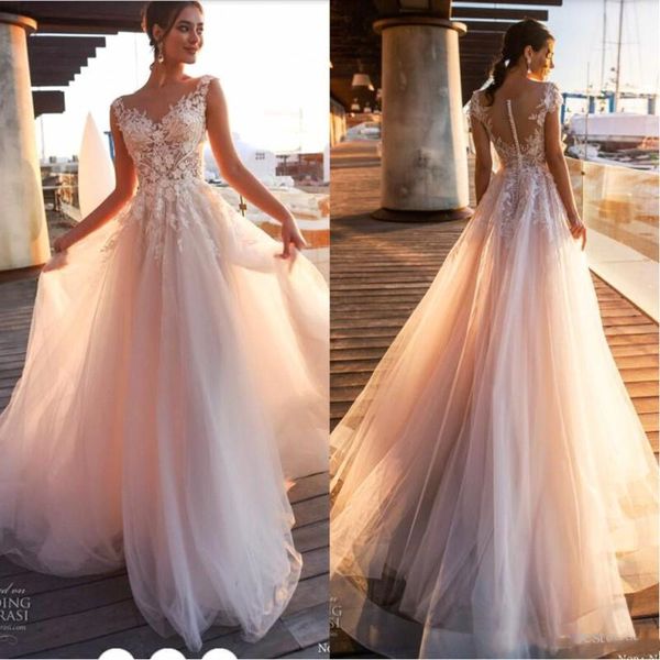 

2019 summer beach country lace appliques a-line wedding dresses sheer scoop neck tulle covered button tulle long bridal wedding gowns, White