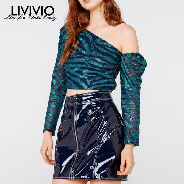 

livivio] mesh zebra striped long sleeve skew collar off one shoulder crop women green shirt streetwear, White
