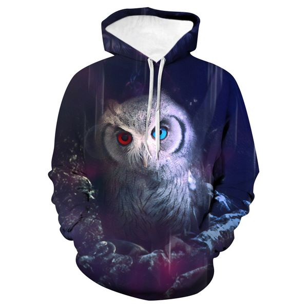 

3d digital printed parrot owl hoodie men's long sleeve hat coat trend, Black