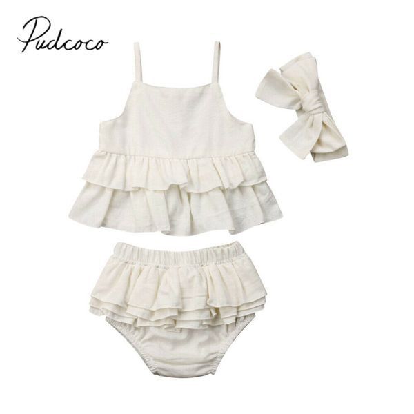 

2019 brand new toddler kid baby girl 2pcs clothes headband ruffle pp shorts pants skirt outfit solid cotton summer sunsuit, White