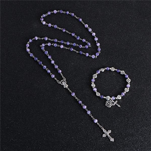

komi new fashion purple stone bead rose flower cross pendant necklace bracelet set charm handmade religion jewelry gift r-112, Silver