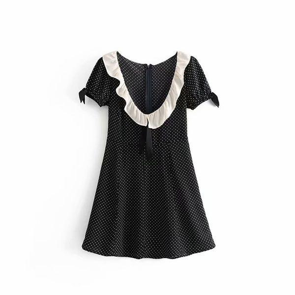 

summer u-neck slim dot print ruffles short dress 2020 women vestido mini vintage dot doll collar dress womens dresses, Black;gray