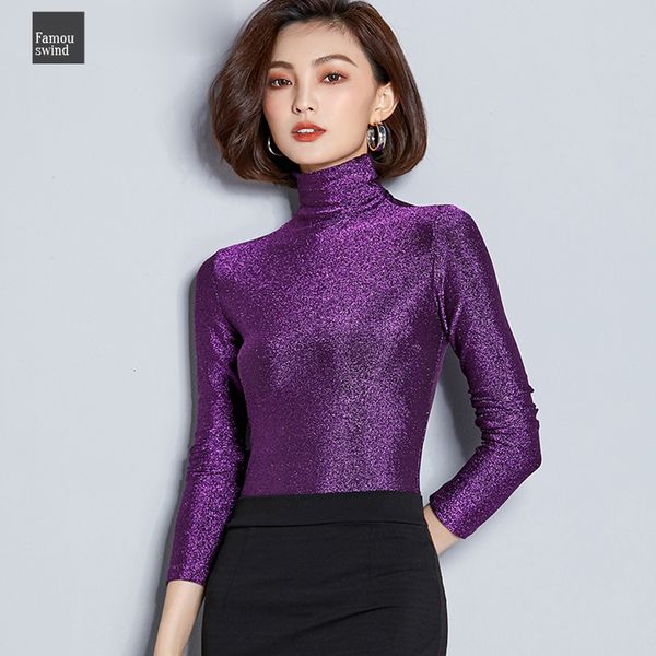 

femme new turtleneck t shirt basic lurex long sleeve women casual t shirt 2019 sheer slim ladies sequin top, White