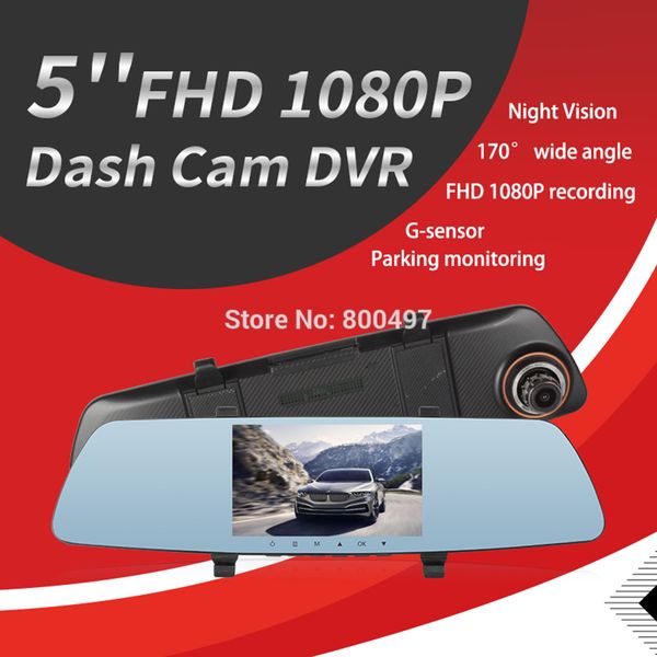 

car dvr hd 1080p 5" wide angle ips rear view mirror camera video recorder dual lens g-sensor parking motion detection dash cam