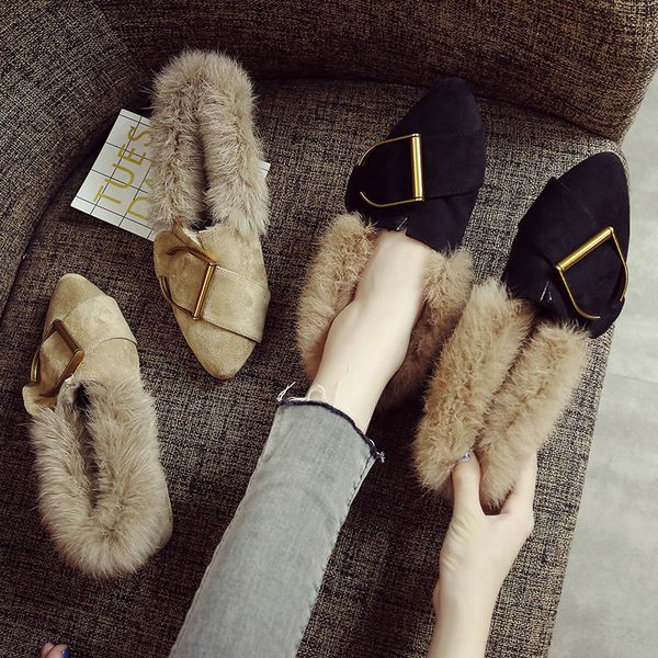 

pointed toe shoes woman flats women's moccasins all-match loafers with fur platform casual female sneakers dress driving, Black