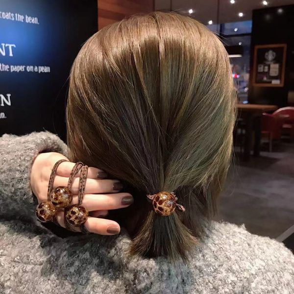 Korean Girls Bun Topknot Leopard Hair Rings Ins Acrylic Ball