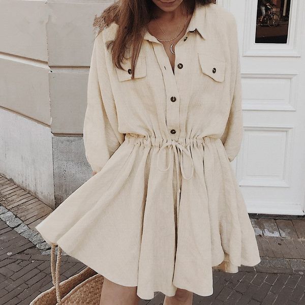 

vintage elagant women mini shirt dress casual lantern sleeve short dress turndown collar lace up linen female dresses, Black;gray
