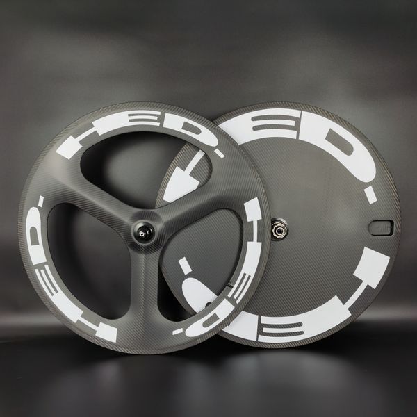 

hed 700c carbon wheels front tri-spoke rear disc wheel track/road bicycle wheelset clincher/tubular carbon wheels with 3k twill matte finish