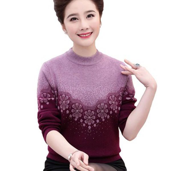 

autumn winter sweater middle-aged women loose sweater thicken warm plus size fashion print women noble pullover female, White;black