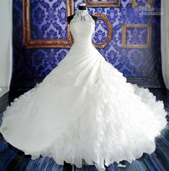 

собор поезд свадебные платья с кружевной аппликацией бисер высокая шея оборками органзы бальное платье принцесса церковь свадебное свадебное, White