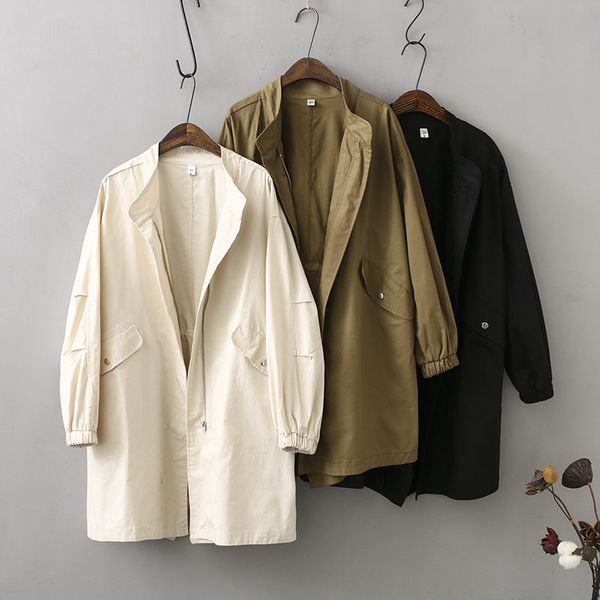 

cotton korean stand collar long thin windbreaker women 2020 spring coat new loose large size drawstring casual jacket r479, Tan;black