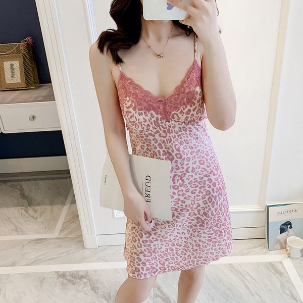 

leopard print lace splicing elegant lady nightdress fashion ice ribbon chest slim korean home dress camison mujer, Black;red