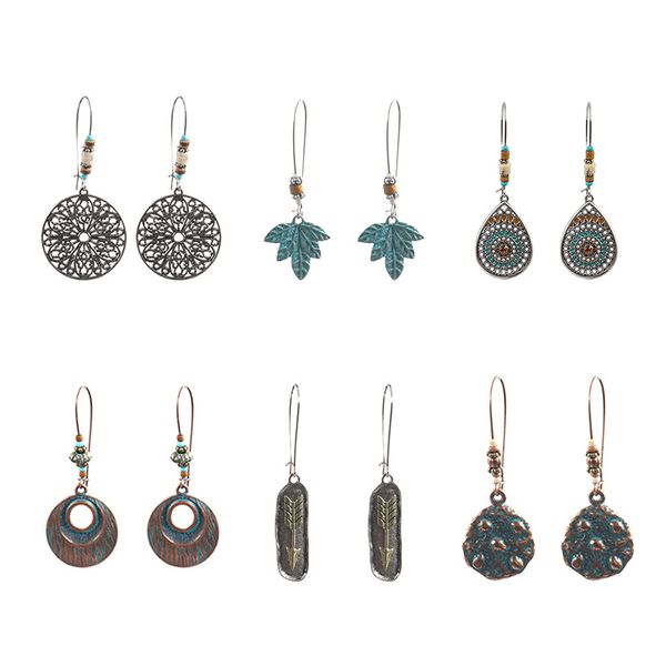 

6pairs / серия большие серьги уха крюк комплект винтажной моды серьги болтаться для женщин teardrop листьев круглый овальный statement серьг, Silver