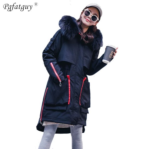 

2018 new winter fur collar hooded long jacket coat fashion female down jacket women parkas casual jackets inverno parkas wadded, Black