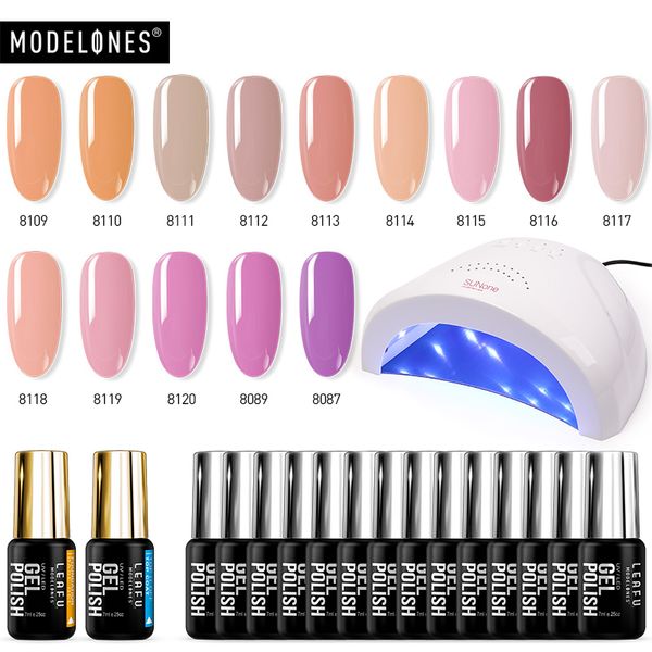 

modelones 17pcs/lot 48w uv nail lamp nail cure manicure tools kits soak off semi permanent gel long lasting base gel kits